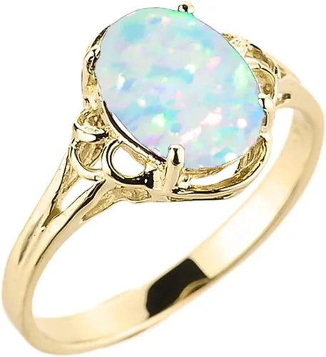 Anillo solitario de oro amarillo de 10 quilates con piedra natal de octubre cultivado en laboratorio con ópalo ovalado