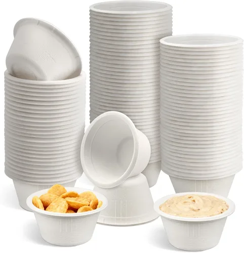 Miniatura 9 de LeonBach Paquete de 100 cuencos de fibra de bagazo natural de 2 onzas, vasos de papel desechables para microondas, muestra segura, aperitivos, Marrón