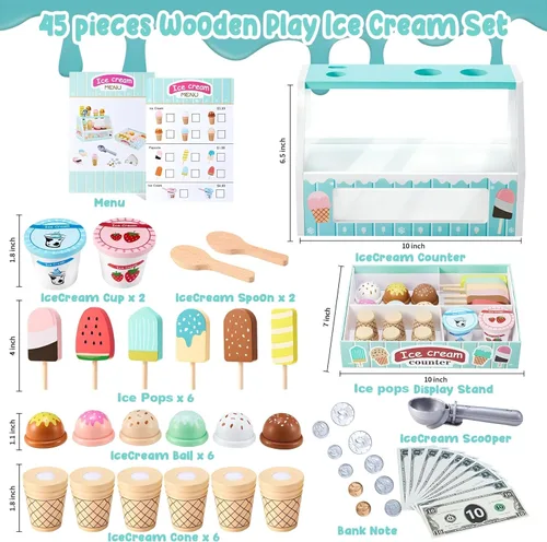 Miniatura 3 de WHOHOLL Juego de simulación de helado de madera para niñas, juguete de tienda de juego con alimentos de juguete y accesorios de cocina de simulación