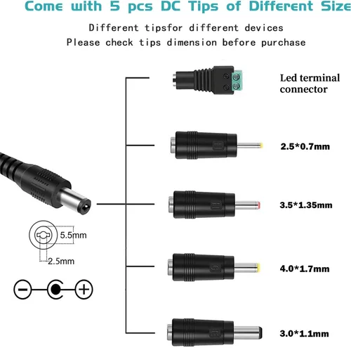 Miniatura 5 de Fuente de alimentación de 12 V CC Adaptador de corriente de 12 V 2A 0.217 * 0.098 in UL listado con 5 puntas for Yamaha Keyboard Power Supply