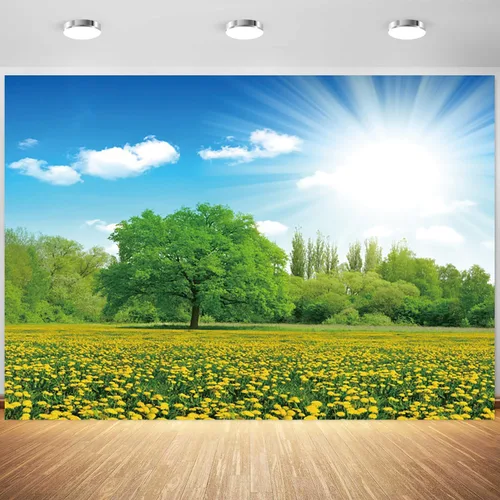 Telón de fondo de primavera de 5 x 3 pies, cielo azul, nubes blancas, flores, fondo de fotografía de jardín para retratos de niños y adultos, fiesta
