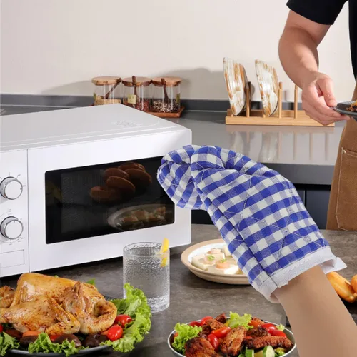 Miniatura 9 de 2 guantes de horno para cocina de juego, guantes de horno de microondas, guantes de cocina para hornear, a cuadros rojos para una parte trasera Azul