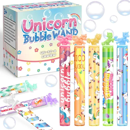 Paquete de 32 varitas de burbujas mini unicornio a granel con pegatinas, recuerdos de fiesta en colores pastel, decoración para fiestas de