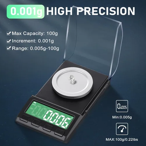 Miniatura 2 de Diyife - Báscula portátil de miligramos de 3.53 oz/0.00 oz, báscula recargable de gramos con 8 unidades, báscula de polvo de alta precisión