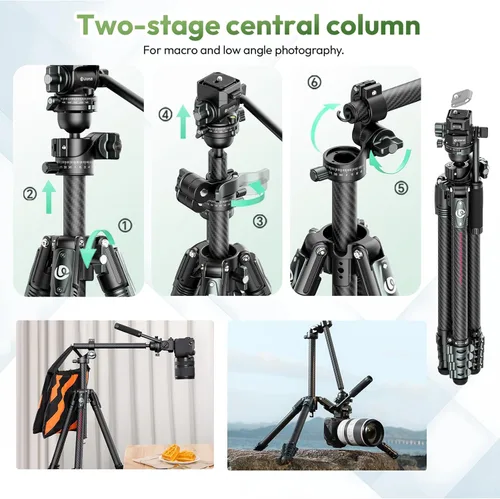 Miniatura 2 de ULANZI JJ06 GlideGo - Trípode de video de fibra de carbono, doble cabezal panorámico de 360°, altura máxima de 73.6 pulgadas, carga de 11 libras