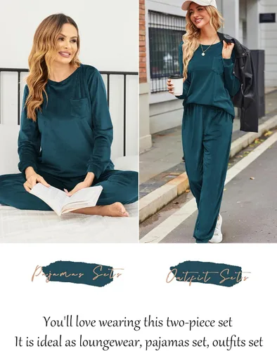 Miniatura 4 de Ekouaer Conjunto de pijama de manga larga para mujer, ropa de dormir suave de 2 piezas de terciopelo con bolsillos