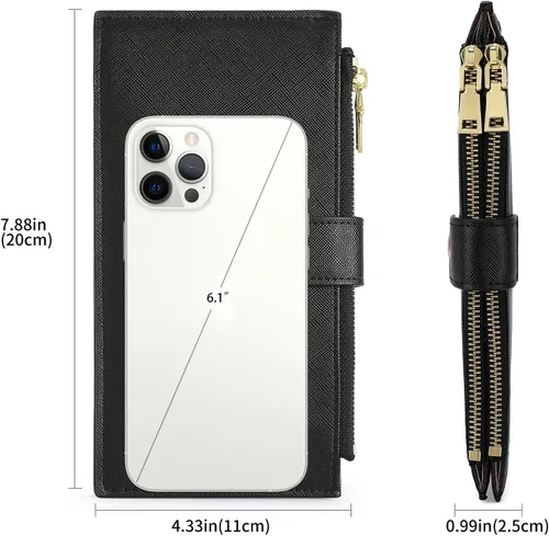 Miniatura 3 de GOIACII - Carteras delgadas para mujer con bloqueo RFID, tarjetero con 2 bolsillos con cremallera, monedero fino para mujer, negro (A01 Black)