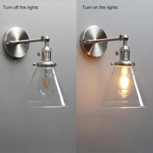 Miniatura 4 de 1 lámpara de pared vintage nostálgica con embudo de vidrio acampanado, pantalla de vidrio transparente, bombilla de filamento Edison incluida