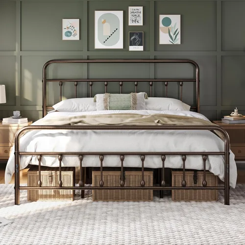 Miniatura 21 de Yaheetech Base de cama clásica de metal con base de colchón con estilo victoriano, cabecera, estribo, almacenamiento debajo de la cama, no necesita