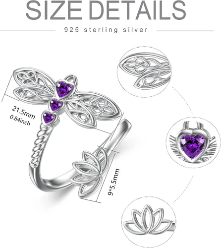 Miniatura 2 de RMREWY Anillo ajustable de plata de ley 925 con piedra natal de libélula celta, regalo de cumpleaños para mujeres, amantes de la libélula