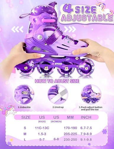 Miniatura 2 de 2PM SPORTS Patines en línea para niños y niñas de edades 5-8, 8-12, 3-5, 4-8, 6-12 con ruedas que se iluminan, patines de ruedas ajustables