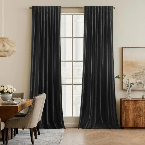 Miniatura 7 de Cortinas opacas de terciopelo de felpa negras de 63 pulgadas de largo para dormitorio, juego de 2 paneles de forro con bolsillo para barra, pestaña