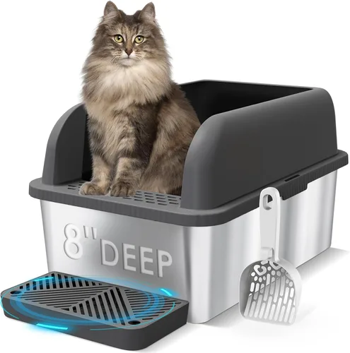 Miniatura 8 de Suzzipaws Caja de arena para gatos de acero inoxidable de 8 pulgadas de profundidad con tapa, caja de arena extra grande para gatos grandes, bandeja
