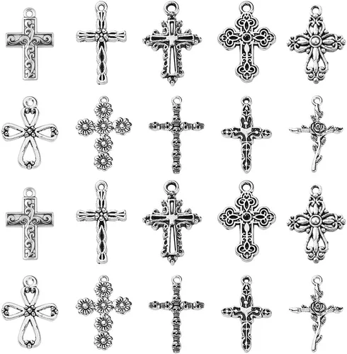 LiQunSweet 100 dijes de cruz de religión de 10 estilos para hacer joyas, manualidades, accesorios Colgantes de religión cruzada_10 estilos