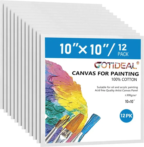 GOTIDEAL Lienzos para pintura, 10 x 10 pulgadas, paquete de 12 paneles de lienzo planos en blanco imprimados profesionales, 100% algodón, tableros