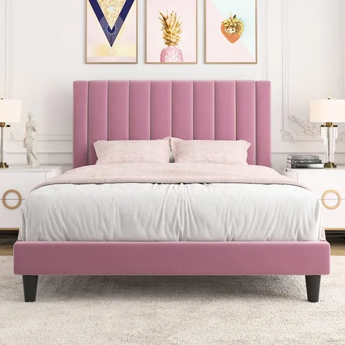 Miniatura 10 de Allewie - Base de cama tamaño King con cabecera acolchada tapizada en terciopelo y diseño acanalado vertical; plataforma de cama con resistentes