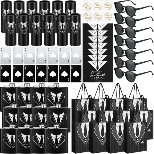 Miniatura 7 de Bokon 48 piezas de regalos para padrinos de boda para hombres, frasco de esmoquin de acero inoxidable, para padrinos de boda, anteojos de póquer