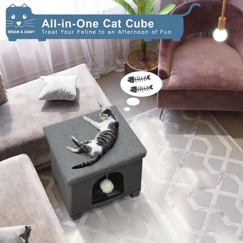 Miniatura 7 de BRIAN & DANY Casa plegable para gatos, cueva para gatos, cubo para gatos con tablero de rascar y bola, 14.7 x 14.1 x 12.7 pulgadas, gris