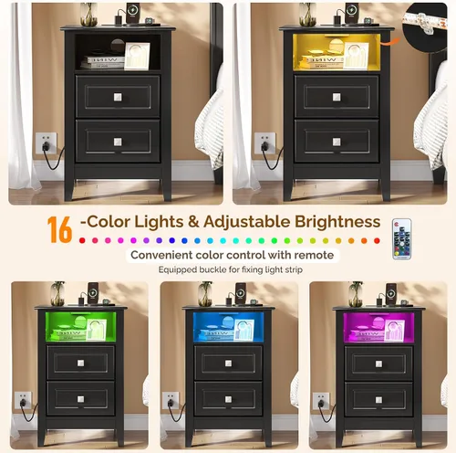 Miniatura 4 de Bonnlo Mesita de noche LED con estación de carga, mesita de noche negra con cajones, mesita de noche negra con estación de carga y luces LED, mesita
