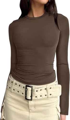 PGANDS Camiseta corta casual de manga larga para mujer, cuello redondo, para otoño, básica, lisa, Y2K, ajustada, tipo túnica