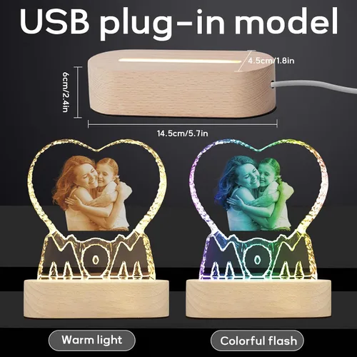 Miniatura 6 de Foto de cristal 3D personalizada, marco de fotos en forma de corazón con luz nocturna de cristal 3D, el mejor regalo para parejas, amor, mujeres