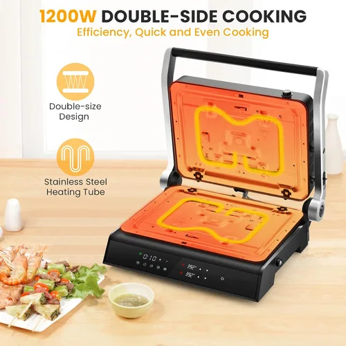 Miniatura 4 de COSTWAY Parrilla eléctrica de prensa Panini, sandwichera gourmet de 1200 W con platos antiadherentes de doble cara y bandeja de goteo extraíble