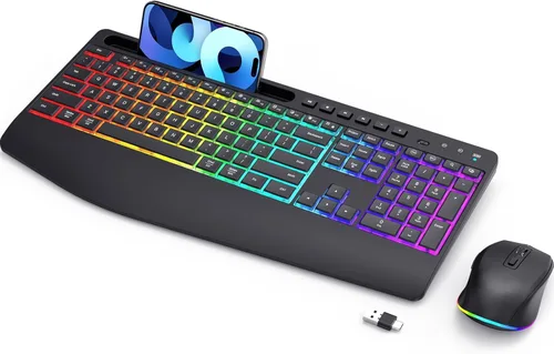 Miniatura 9 de Combinación ergonómica de teclado y mouse inalámbricos, LIZRROT 2.4 GHz, silencioso, de longitud completa, soporte de muñeca, soporte para teléfono