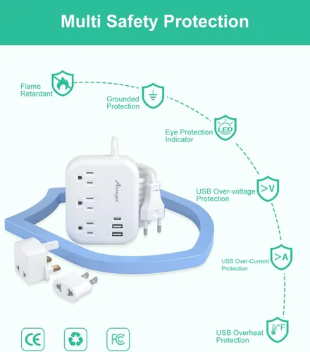 Miniatura 6 de Alitayee - Adaptador de enchufe de viaje europeo, regleta de alimentación de viaje UE/Reino Unido y EE. UU. con 3 tomacorrientes, 3 puertos USB