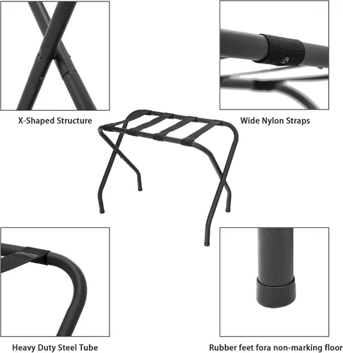 Miniatura 7 de Portaequipajes plegable, soporte de maleta de metal resistente con correas de nailon, portaequipajes plegable para habitación de invitados