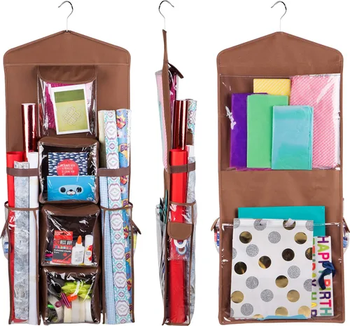 Bolsa de regalo colgante de doble cara y organizador de papel de regalo (marrón)