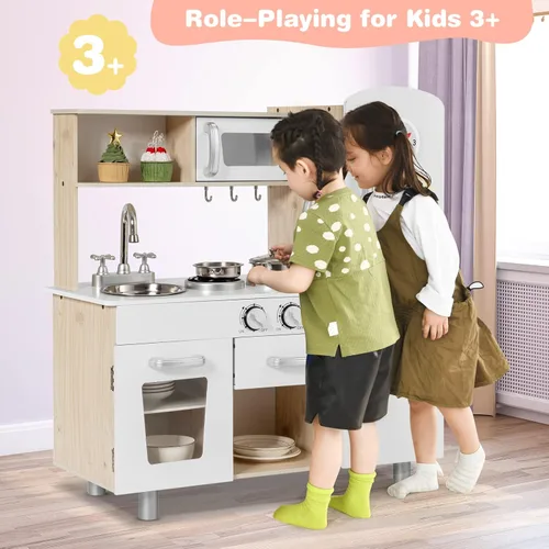 Miniatura 8 de KOTEK Juego de cocina para niños, juego de cocina de madera para niños pequeños con dispensador de agua con luces sonidos, estufa, horno, nevera