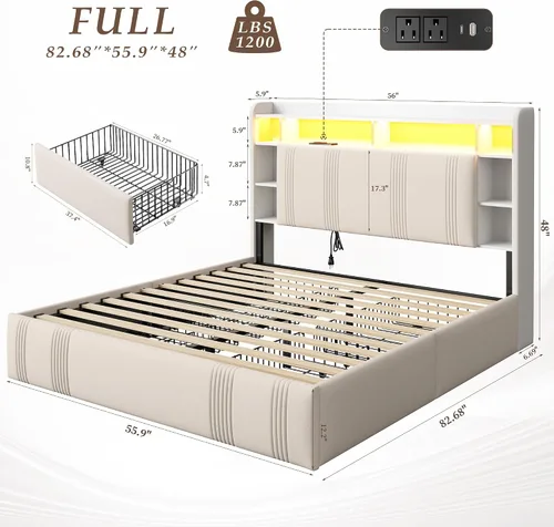 Miniatura 2 de EnHomee Base de cama de tamaño matrimonial con cabecera tapizada con estante, 4 cajones grandes, luces LED, estación de carga, plataforma resistente