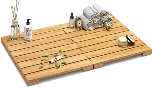 Miniatura 9 de Tapete de baño de bambú negro impermeable para ducha, plegable, antideslizante, resistente, tapete de baño de madera, tapete de piso y felpudo