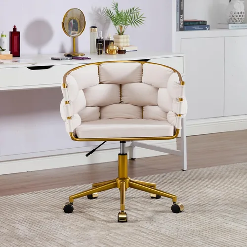 Miniatura 2 de Westice Silla de escritorio de terciopelo, silla dorada para oficina en casa con respaldo tapizado de terciopelo tejido a mano, silla giratoria