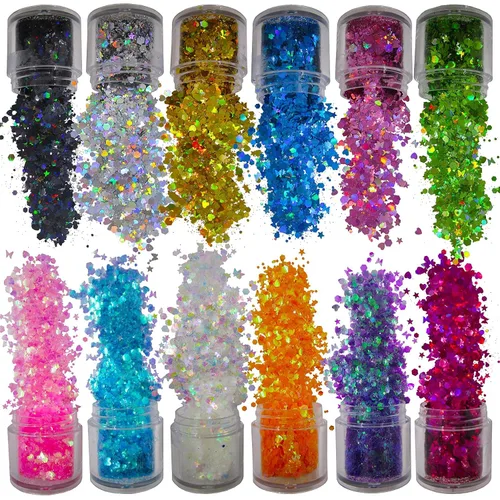 12 colores de mariposa y estrellas con purpurina gruesa, copos holográficos de corazón hexagonal, manualidades, purpurina corporal, lentejuelas para