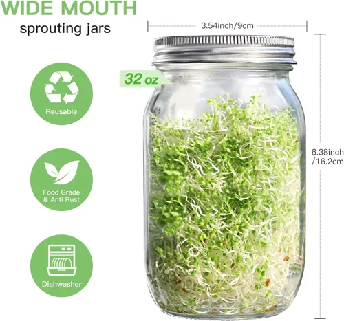 Miniatura 5 de Kit de tarros de germinación de semillas – 2 tarros de masón de boca ancha con tapas de germinación de acero inoxidable 316, bandeja de goteo