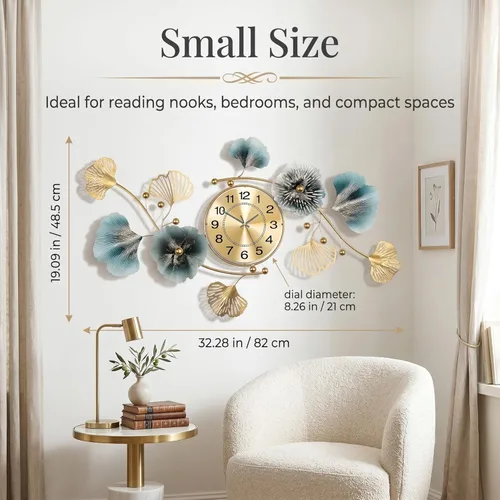 Miniatura 3 de Relojes de pared para decoración de sala de estar, reloj de pared grande, diseño creativo 3D de hoja de ginkgo de metal, con movimiento silencioso
