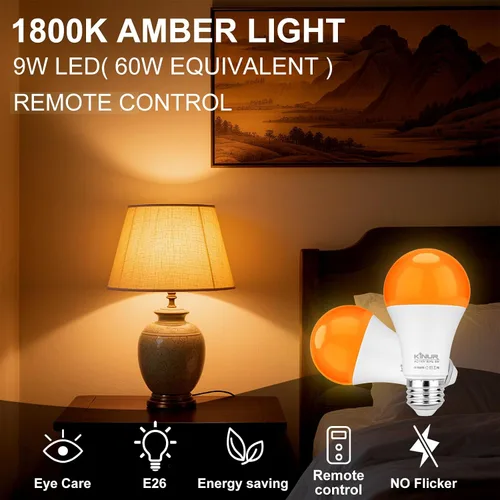 Miniatura 2 de KINUR Bombillas LED ámbar, A19 9 W (equivalente a 60 W) 1800 K E26 A19 bombillas suaves ámbar luz cálida para dormitorio, sueño saludable, luz