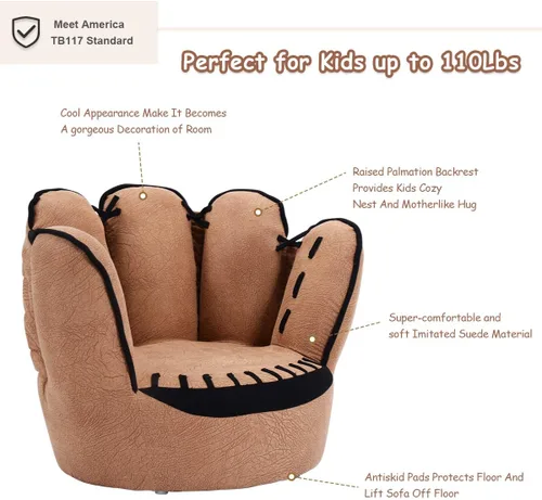 Miniatura 6 de Costzon Sofá para niños con estructura de madera maciza y diseño de guante de béisbol, sillón para niños para sala de juegos, guardería, jardín