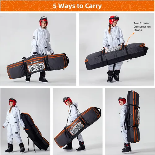 Miniatura 6 de XCMAN Bolsa de snowboard con ruedas, longitud ajustable, extra larga/ancha/profunda, impermeable, con varillas de protección 140L
