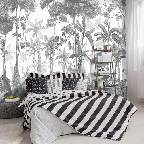 Miniatura 11 de Mural de pared de bosque nebuloso con escena de pino, papel tapiz de tela para sala de estar, dormitorio, baño, mural de montaña - 91"x65