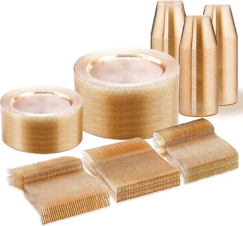 Miniatura 15 de WELLIFE Juego de vajilla desechable de 600 piezas color dorado y blanco para 100 invitados, platos de plástico blanco con borde dorado, platos
