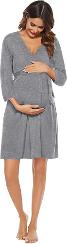 Miniatura 5 de SWOMOG Batas de enfermería Vestido de maternidad de 2 piezas camisón para lactancia materna 3 en 1 Hospital parto Albornoz de lactancia Vestido