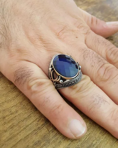 Miniatura 9 de Beautiful Handcrafted 925K Solid Sterling Silver Cubic Zircon Sapphire Color Men's Ring RP54