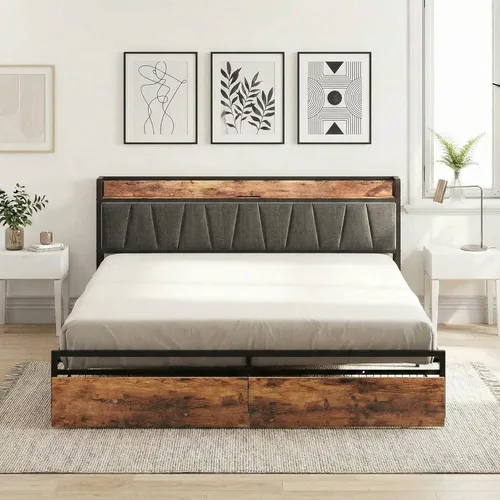 Miniatura 7 de LIKIMIO Base de cama tamaño King, cabecera de almacenamiento con estación de carga, cama de plataforma con cajones, no necesita somier, fácil Marrón