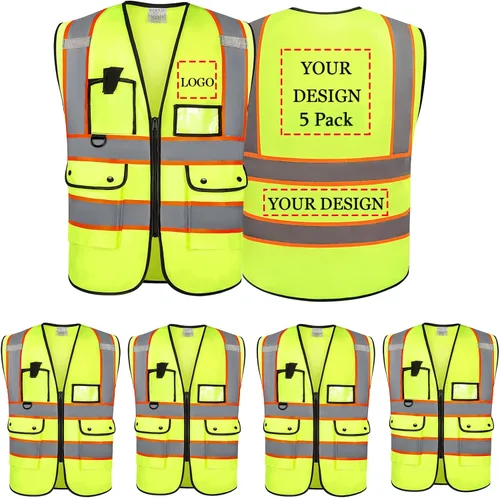 Miniatura 34 de Chaleco de seguridad con logotipo personalizado, chaleco reflectante de visibilidad estándar ANSI clase 2 a granel con bolsillos y cremallera