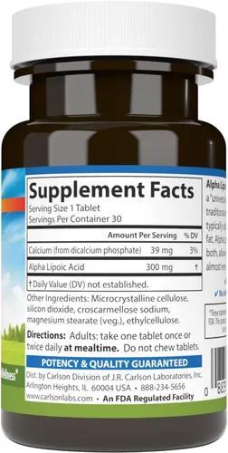 Miniatura 2 de Carlson - Ácido Alfa Lipoico, 300 mg, Producción de Energía, Antioxidante Universal, 30 Tabletas