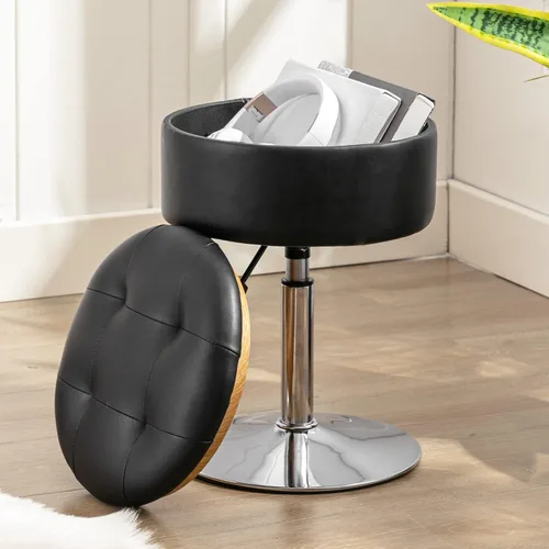 LUE BONA Taburete giratorio de 360° para sala de maquillaje, taburete ajustable en altura para tocador con almacenamiento, pequeño cuero sintético