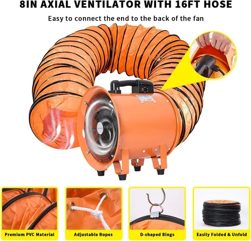 Miniatura 6 de Soplador utilitario de 8 pulgadas, ventilador de alta velocidad con manguera de conducto, ventilador portátil de bajo ruido, extractor de humos