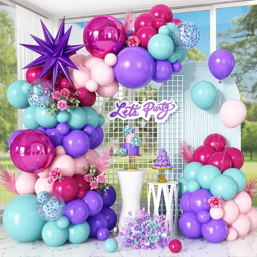 Miniatura 9 de Kit de guirnalda de arco de globos de color azul, blanco y plateado con globos de bola de discoteca, globos de papel de aluminio de estrella